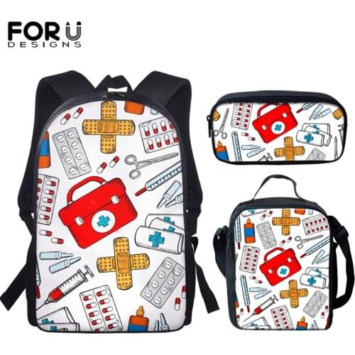 FORUDESIGNS Cartoon Nurse Doctor Medical Printing Kids School Bags 3pcs Set Book Bags Pencil Case Rucksack Mochila Infantil