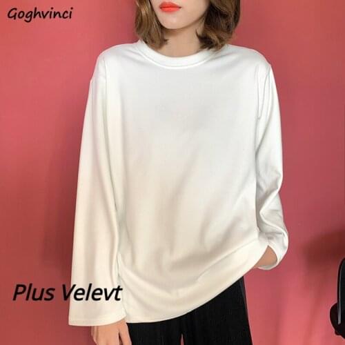 Long Sleeve T-shirts Women Loose Plus Velvet Autumn Winter Tops Womens All-match Chic Simple Plain Fashion Tees Stylish Harajuku