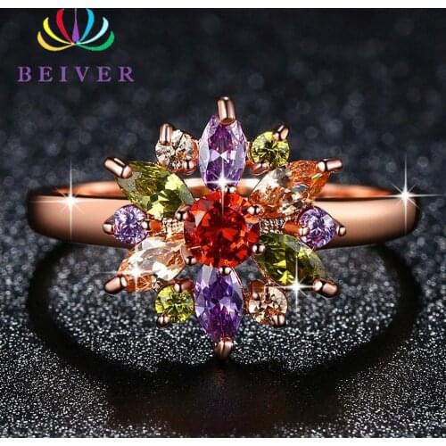 Beiver Multi-color Zircon Stone Flower Ring for Women Rose Gold Color Engagement / Party Jewelry