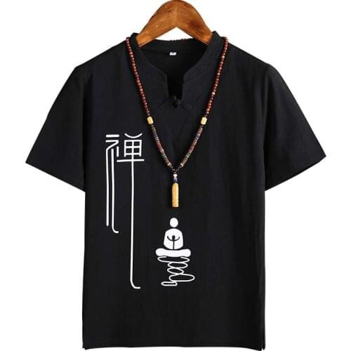 Men Oriental Clothing Kung Fu T-Shirt Chinese Style Zen Tea Tee Tops Tang Suit Medieval Linen Blouse Kimono Haori US Size