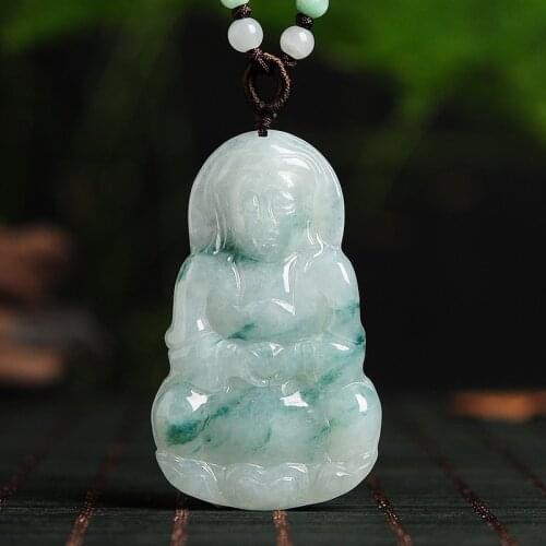 Natural Emerald Guanyin Jade Pendant Beads Necklace Charm Jewellery Fashion Hand-Carved Man Woman Luck Amulet New