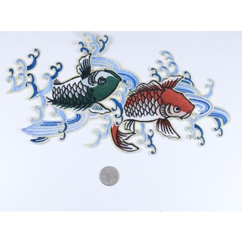 New Chinese Paiting Art twin Carps High quality Embroidery Patch nice applique Iron on Patches for Clothing animal Women Clothes