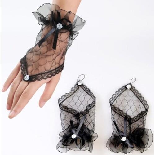 Women UV Sunscreen Gloves Sexy Summer Fingerless Lace Short Bow Gloves for Driving White Black Red Color Bride Bride Mittens