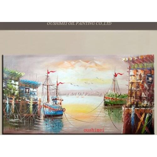 Hand Painted Wall Painting Home Decorative for Living Room Sea Boat Oil Painting Seascape Wharf Pictures Landscape