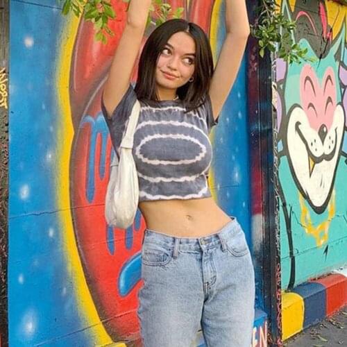 Printed Patchwork Y2K Crop Tops Women Summer Short Sleeve Vintage Aesthetic 90s Tshirts Koean Fashion Crewneck Retro Clothes New