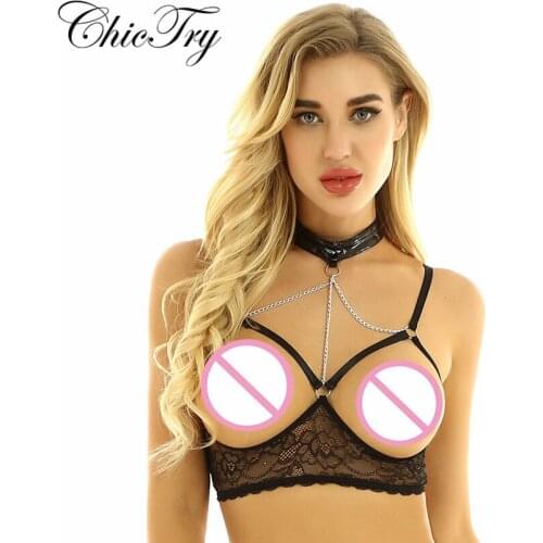 Sexy Womens Female See Through Sheer Lace Lingerie Halter Neck Adjustable Spaghetti Shoulder Straps Open Cups Wire-free Bra Top