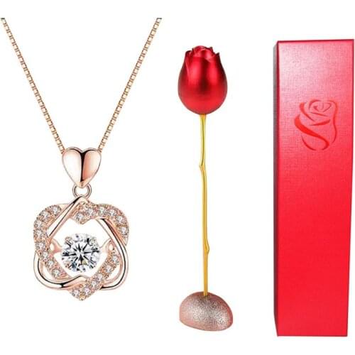 Fashion Heart Necklace Set With Rose Simulation Flower Creative Jewelry Box Double Heart Flower Pendant Valentine Gifts