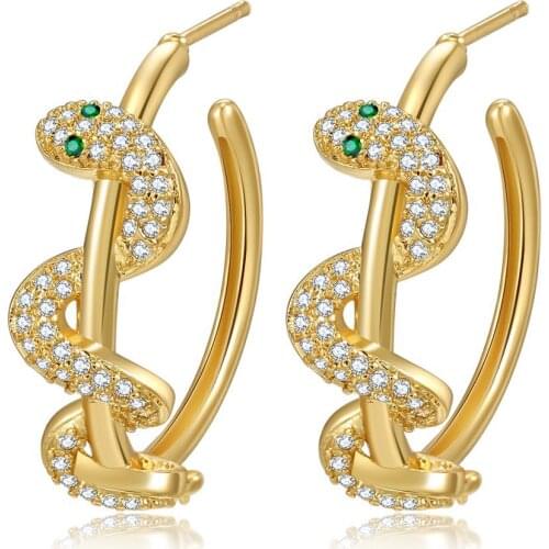 New Fashion Micro Pave AAA+ CZ Stone Green Eyes Snake Huggie Circle Style 925 Silver Stud Earrings for Women Gold Color Jewelry