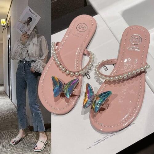 2021 Summer Sexy Girl Pearls Flat Women Slides Indoor Outdoor Beach Woman Slippers Fashion Shoes for Women Sandals Flip Flops