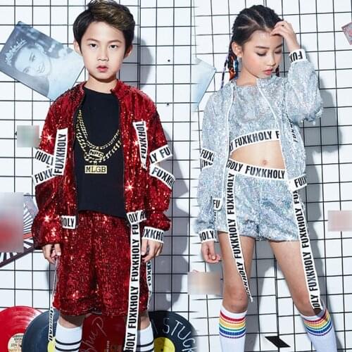 Dazzling Street Wear Kids Hip Hop Clothes Girls Jazz Crop Top Shorts Silver Sequin Clothing 2020 Childrens Day Stage Costume
