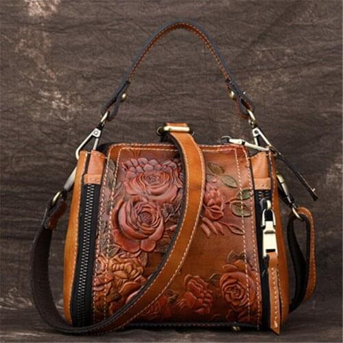 Beautiful Flowers Vintage REAL Genuine Leather Bag Casual Mini Handbag Luxury Women Messenger Bags