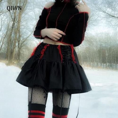 Y2K Goth Red Mini Skirts Punk E Girl Grunge High Waist Pleated Skirt Harajuku Streetwear Sexy A Line Bandage Skirt
