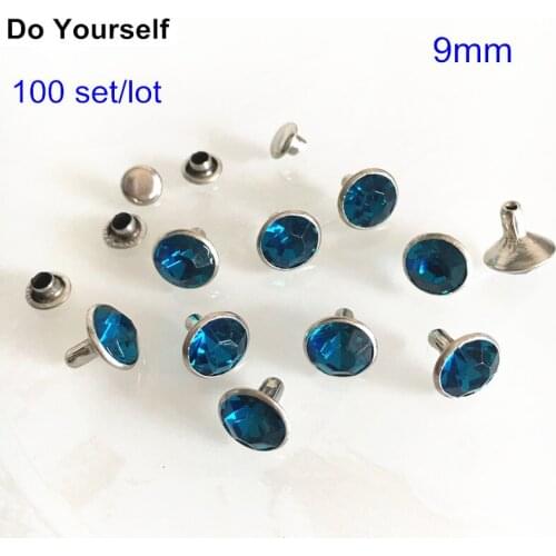 100 Sets of 9mm Blue Crystal Bead Rivets Rapid Silver Nailhead Spots Studs DIY Push Tack Heads - Free Shipping