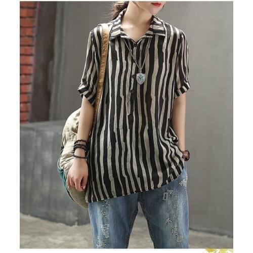 New Style Summer Women Shirt Plus Size Short Sleeve Loose Casual Ladies Tops Striped Cotton Linen Vintage Female Blouse D4