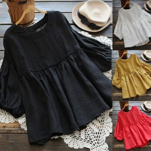 Womens big size solid color Japanese five-point sleeve doll shirt round collar fresh and lovely blouse