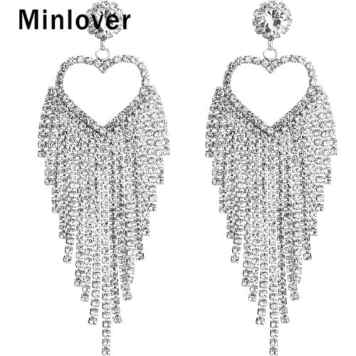 Minlover Gold Color Crystal Wedding Drop Earrings for Women Rhinestone Heart Large Tassel Dangle Earrings Jewelry MEH1602