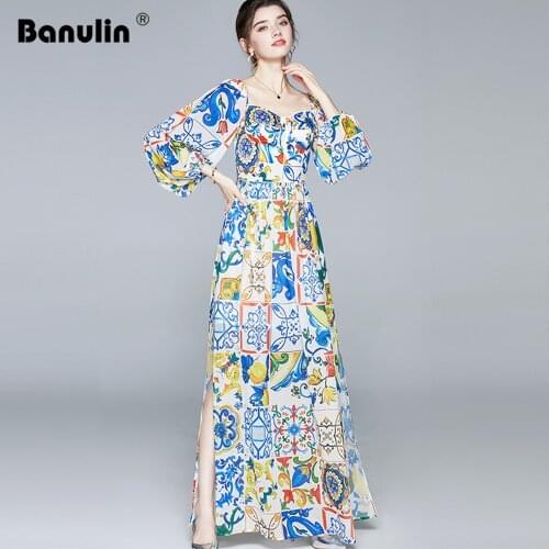 Runway Holiday Floral Long Dress Women Lantern Sleeve Off Shouler Strapless Blue and white porcelain printing Split Beach Dress
