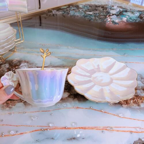 2pcs/set Drink Saucer Set Ceramic Pearly Luxury Afternoon Tea Set British Ceramic Flower Tea Cup With Dish For Household