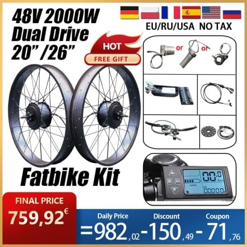 2000W Fat Bike Electric Dual Motor Ebike Conversion Kit Front and Rear Brushless gear Motor for 20 26 inch e fatbike Duty Free