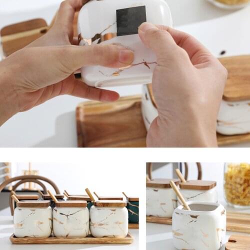 3pcs Artistic Marbling Nordic Style Ceramic Seasoning Jar Set with Chassis Spoons Kitchen Seasoning Jar for Seasoning Storage
