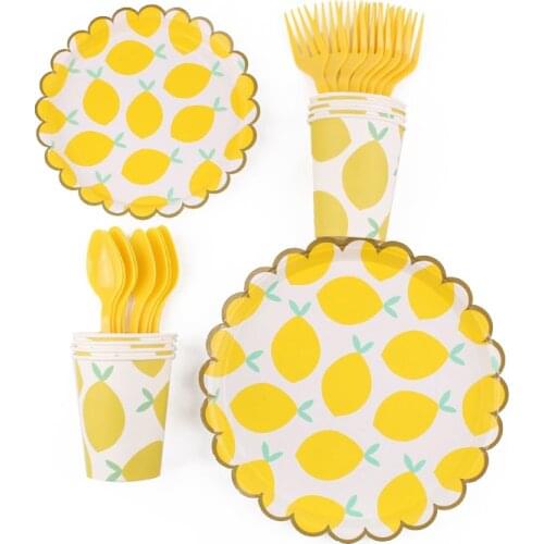 Birthday Party Decorations Kids Supplies Yellow Lemon Theme Decagon Paper Tray Disposable Paper Towel Plate Tablecloth Balloon