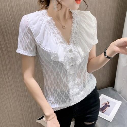 #6053 Black White Ruffles V Neck With Buttons Lace T Shirt Women Summer Tops Thin Slim See Through T Shirt Female Short Sleeves