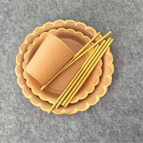 8 Sets Brown Kraft Foil Gold Paper Plates Cups Drinking Straws Paper Tableware Decor Afternoon Tea Cake Dessert Wedding Party
