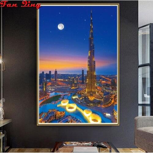 Diy Diamond Painting Dubai City Night View Full Square Round Rhinestone 3D Embroidery Mosaic Cross Stitch Home Decoration