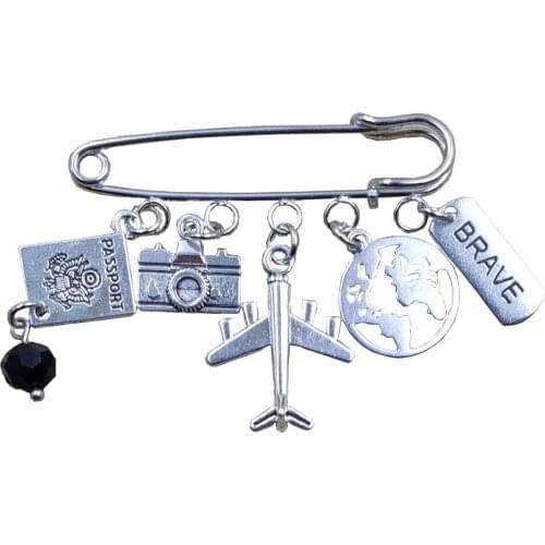 6 Retro Silver Plated Traveling Abroad World Series Passport Camera Plane Vehicle Sailboat Style Brooch Birthday Gift CX041-046
