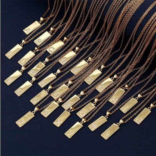 Simple Gold Color Square Copper Metal A-Z 26 Letter Cubic Zirconia CZ Pendant Necklaces For Women Stainless Steel Chain Necklace