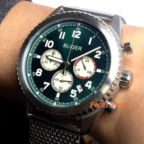Bliger New 45MM Mens Watch green dial top Luminous Stainless steel case Chronograph quartz Gift watch Male clock
