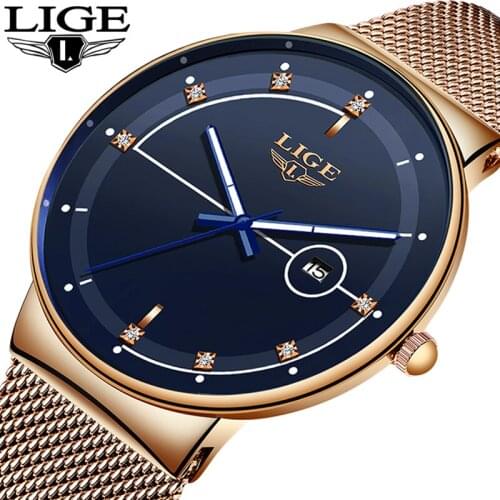 Mens Watches LIGE Top Brand Luxury Fashion Ultra Thin Quartz Watch For Men Mesh Strap Waterproof Gold Watch Relogio Masculino