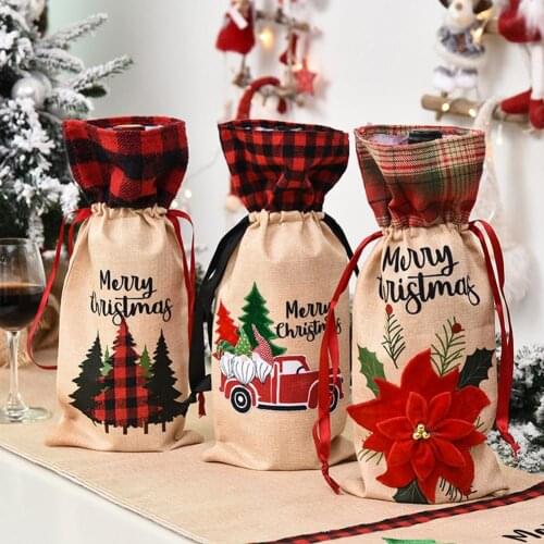 Xmas Tree Print Drawstring Wine Champagne Bottle Cover Stocking Gift Packaging Bag Home Party Christmas Decoration