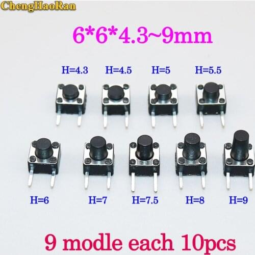 ChengHaoRan 9 models each 10pcs 6x6mm Panel PCB Momentary Tactile Tact Mini Push Button Switch DIP Side 2pin 6x6x4.3/5/6/7/8 MM