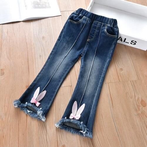 Spring Autumn Baby Girls Jeans 2021 New Arrival Korean Kids Girls Boot Cut Pants Cute Rabbit Ears Bow-knot Jeans Pants for Child