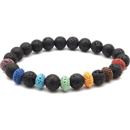 8mm Healing Seven Chakras Bracelet Chromatic Lava Stone Essential Oil Diffuser Black Beads Buddha Yoga Strand Women Men Jewelry