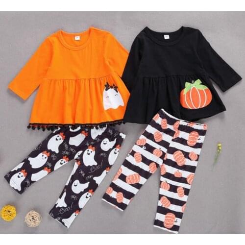 2 Pc Set Infant Kids Halloween Outfits Toddler Long Sleeve T Skirt Tops Pompoms Cartoon Trousers Childern Holloween Costume
