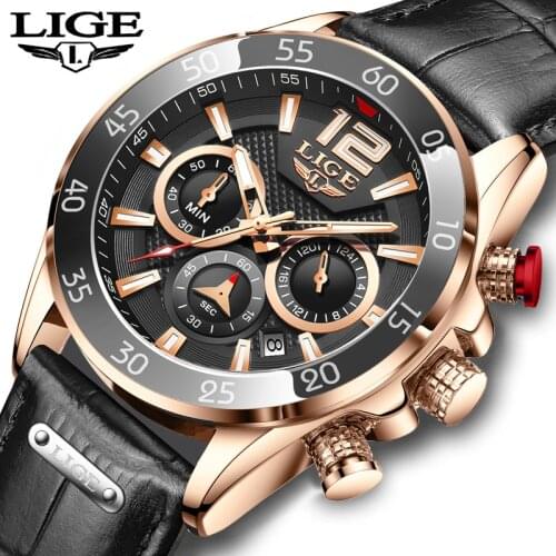 LIGE 2021 Chronograph Mens Watches Brand Luxury Casual Sports Date Quartz Leather Wristwatches Waterproof Mens Wrist watch Man