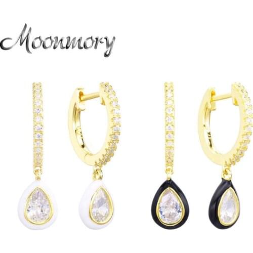 Moonmory 925 Sterling Silver Water Drop Enamel Earrings For Women White Black Dangle Eardrop Europe Pop Jewelry Christmas Gifts