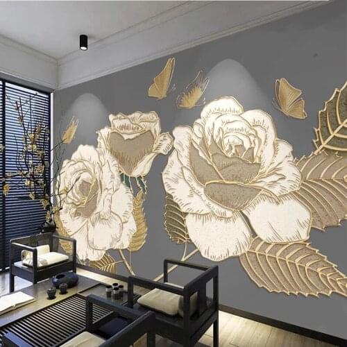 Custom Size Mural Silk Cloth Beautiful Golden Relief Rose Butterfly Wallpapers Living Room TV Background Decor