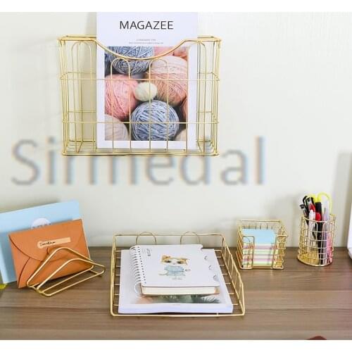 Desk Organizer Set 5pcs Gold Letter Sorter Pencil Holder Stick Holder Hanging File Organizer and Letter Tray for Home or Office