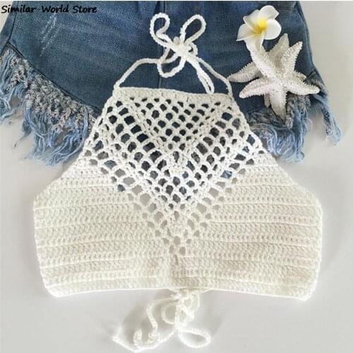 2021 New Bikini Top Crochet Women Boho Beach Bralette Solid Halter Knitted Swimsuit Bikinis Bathing Suit Top