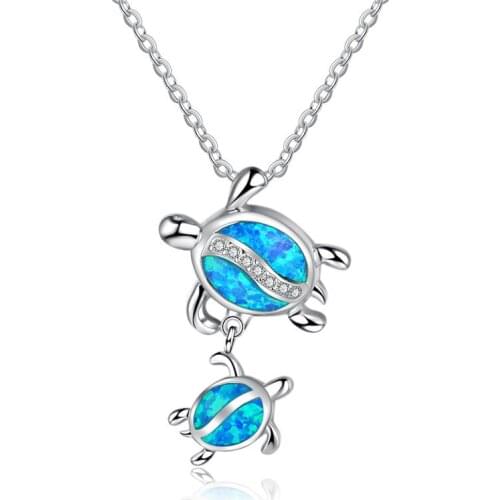 New Fashion Cute silver color Crystal Blue Opal Mom Turtle Baby Pendant Necklace Forever Love Animal Mothers Day