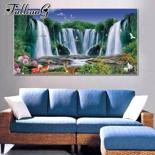 FULLCANG Landscape waterfall animal deer large diamond painting 5d diy full drill mosaic embroidery kits wall decoration FC3597