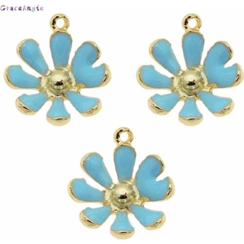 GraceAngie 10pcs/pack 16*14mm Gold Zinc Alloy Blue Daisy Flower Charm Enamel pendant for jewelry making Pendant Necklace Finding