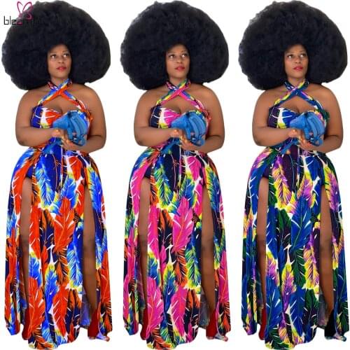 Sexy Halter Open Back Boho Printed Dress Women Off The Shoulder Split Beach Holiday Lng Maxi Dresses Plus Size S~5XL Sundresses