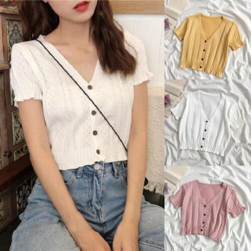 Crop Top Knitted T-shirts Women V-Neck Button Up Tees Short Sleeve Casual T-shirts Knitted Crop Tops For Women 2021 Summer Tee