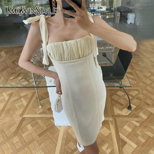 TWOTWINSTYLE White Casual Dress For Women Square Collar Sleeveless High Waist Solid Mini Dresses Female Summer Clothing 2021 New
