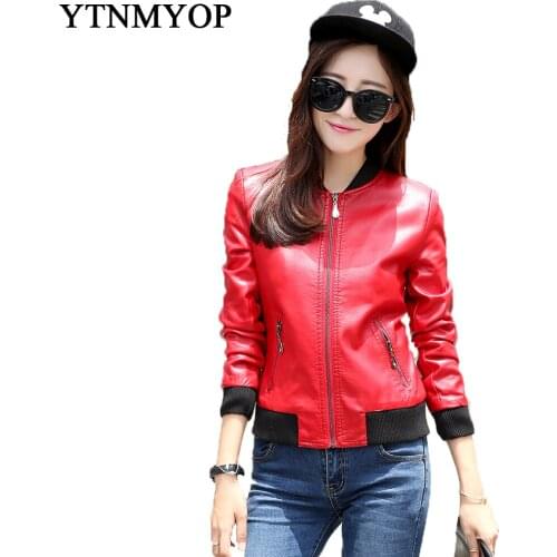 Spring And Autumn Casual Women Leather Coat Red Plus Size S-3XL Slim Leather Clothing Outerwear 2019 Long Sleeve Female Jackets