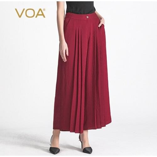 VOA 22m/m Silk Wine Red Dark Jacquard Natural Waist Buckle Fold Fashion Elegant Joker Wide Leg Trousers K57 Pants for Women